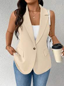 EMERY ROSE Blazer Tanpa Lengan Minimalis Kasual Tipis untuk Wanita Ukuran Plus - Aprikot - View 5