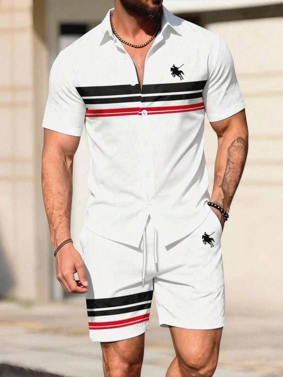 Manfinity Homme 男士常规肩短袖条纹前开襟休闲夏季衬衫套装 - 彩色 - 查看 1