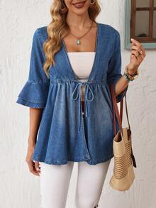 SHEIN Holidaya Áo khoác denim nữ buộc dây, nhún bèo, kiểu dáng thường ngày, đa năng. - Màu xanh lam - Xem 7