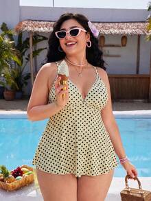 SHEIN Swim Mod Plus Size Women's Polka Dot Print Deep V-Neck Ruffle Top Paired With Regular Trousers, Flattering Silhouette Beach Atmosphere Women's Swimsuit Set - Multicolor - View 4