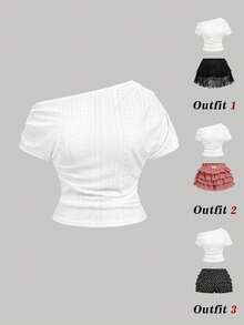 SHEIN MOD Áo dệt kim màu trắng lệch vai dành cho nữ cỡ lớn, thắt eo, nhún eo, áo thun thường ngày, áo thun mùa hè, áo thun nữ, áo công sở, áo đi chơi, áo trắng, áo đi học. Áo trắng trễ vai tay ngắn thời trang dành cho nữ. Áo sơ mi trắng ôm dáng lệch vai dành cho nữ với chi tiết nhún bèo. Áo dệt kim jacquard cho trang phục mùa hè. - trắng - Xem 8
