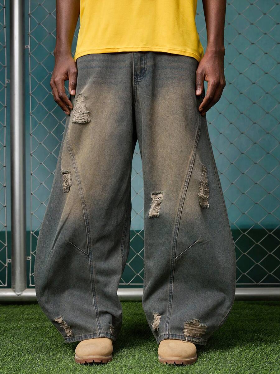 1pc Men's Japanese Style Ripped Patchwork Wide Leg Jeans, Vintage Distressed Casual Loose Fit Denim Pants (Belt And Accessories Not Included) - Blue - View 1