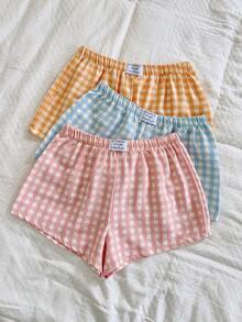3 piezas de shorts cómodos y casuales con estampado a cuadros, decorados con lazos, shorts para dormir en verano - Multicolor 6 - Ver 6