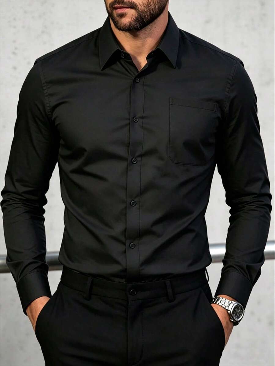 Manfinity Mode Men's Casual Solid Color Long Sleeve Formal Shirt, Minimalist Versatile For Daily Wear, Spring/Autumn, Ceremony - Black - View 1