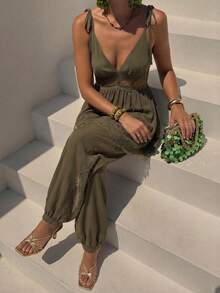 Zivah 2026 Elegant Bohemian Style Beach Vacation Vacation Sheer Chiffon Contrast Lace Set, Camisole Top+Lantern Pants, Lantern Olive Green Summer - Army Green - View 11