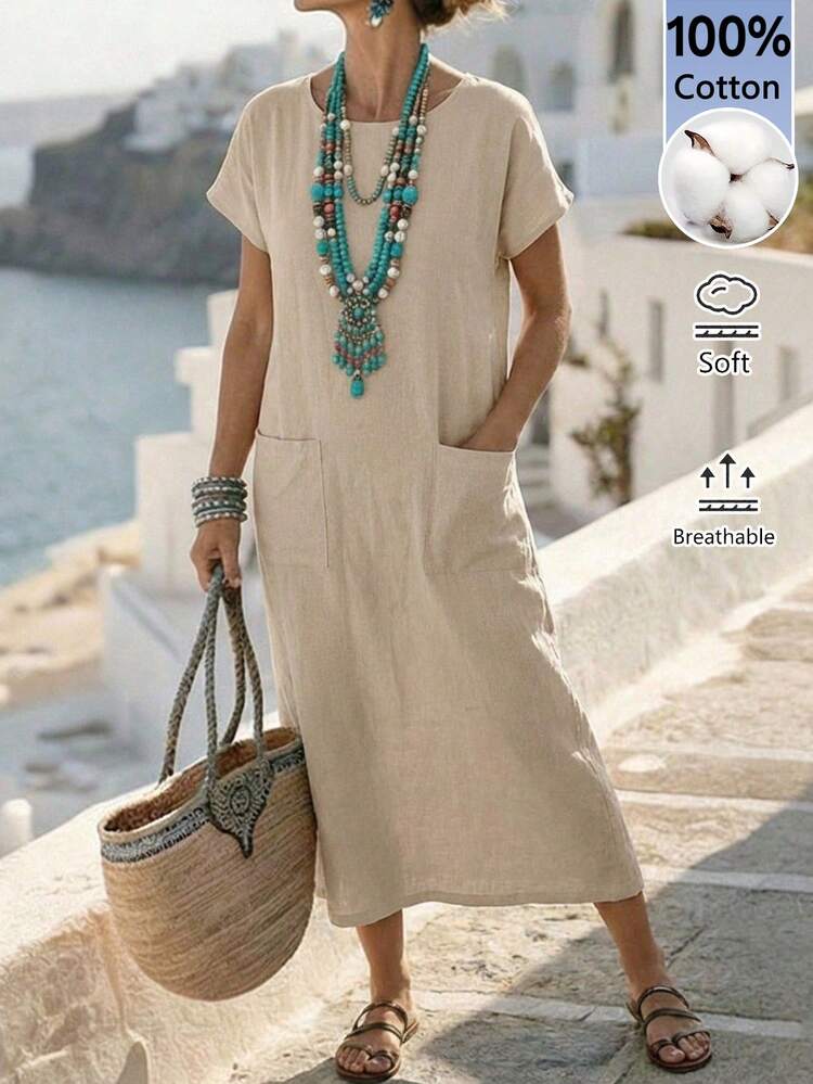 Women's Solid Color Pocket Round Neck Casual Short Sleeve Dress Summer Dress Outfits Dresses For Women Casual Dresses For Women Casual Women's Dresses Cotton Dresses For Women Neutral Dresses For Women Pure Cotton Dress Holiday Holiday Vacation Beige