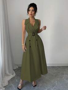 Elenzga Women's Elegant Summer Olive Green A-Line Dress,French Style Lapel Collar Double-Breasted Sleeveless Brunch Dress With Waist Belt,Casual Vacation - Army Green - View 3