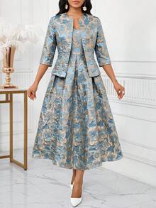 SHEIN Lady Bộ 2 món thanh lịch dành cho nữ: áo khoác và váy slip in hoa. - Màu xanh lam - Xem 6
