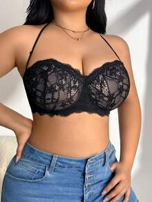 DesireSculpt Plus Size Black Lace Wireless Sexy Bralette, Halter Neck Backless 1pc - Black - View 7
