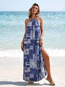 SHEIN LUNE Women's Blue And White Flower Floral Print Backless Tassel Dress,Boho Tropical Summer Beach Vacation Outfits,Casual Country Concert Outfit For Women - Multicolor - View 3