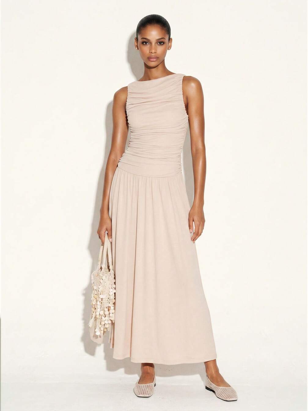summer dress with ruched bodice KSTM Sleeveless Ruched Bodice Maxi Dress With Flowing A-Line Skirt For Summer Wedding Guest Occasions,XS