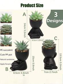 1PC Artificial Succulent Plants Single Pot Small Human Shaped Succulent 3 Styles Optional Black Ceramic Pot Cartoon Design Green PP PE Material For Desktop Home Garden School Dorm Office Decor - Black - View 13
