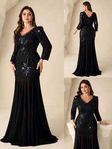 Plus Size Beaded Chiffon Collar Applique 3/4 Sleeve Long Mother Of The Bride Dress - Black - View 1
