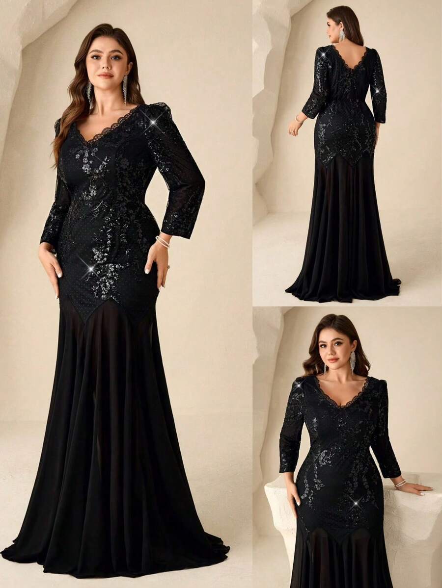 Plus Size Beaded Chiffon Collar Applique 3/4 Sleeve Long Mother Of The Bride Dress - Black - View 1