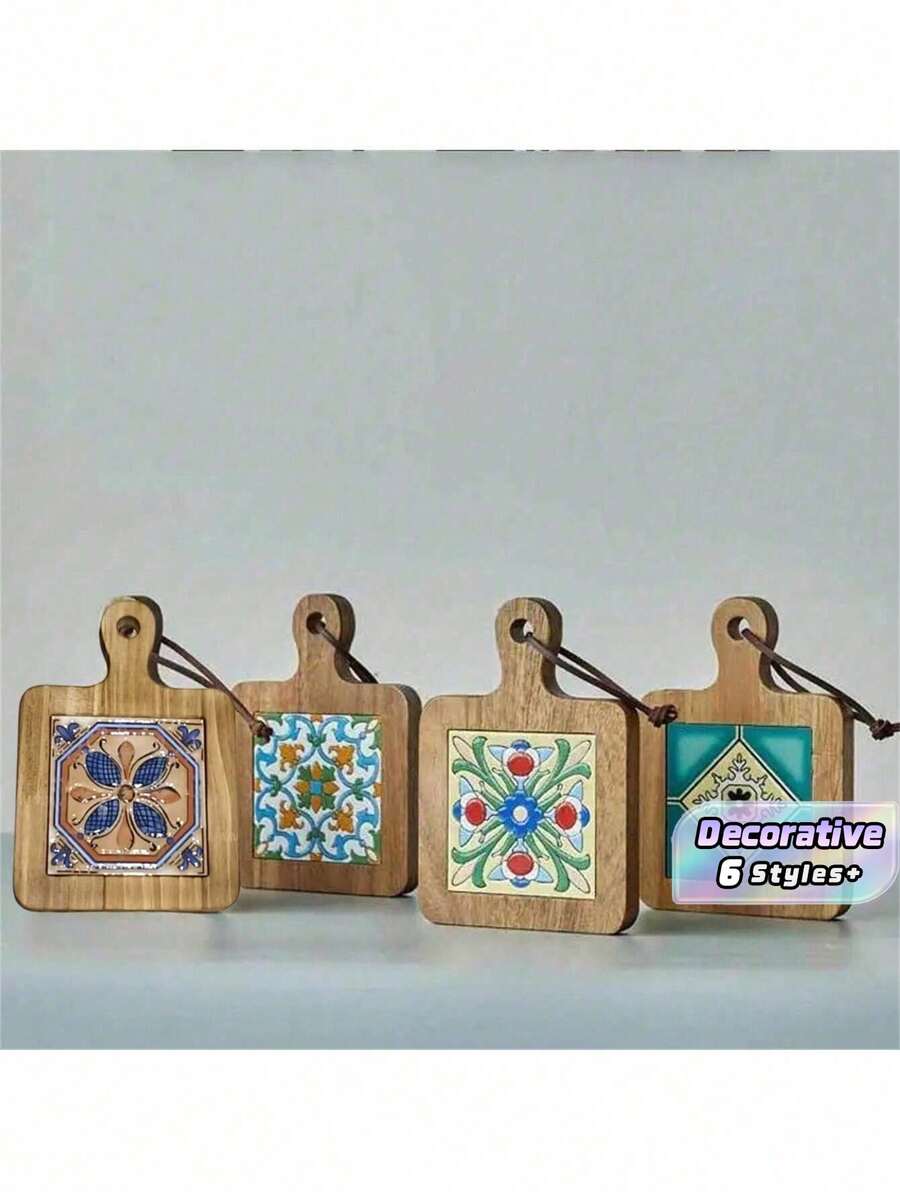 Satu Set Berisi Empat Alas Kayu Tahan Panas dengan Motif Botani - Alas Meja Dapur Tahan Panas, Bantalan Isolasi Gaya Vintage - MultiWarna - View 1