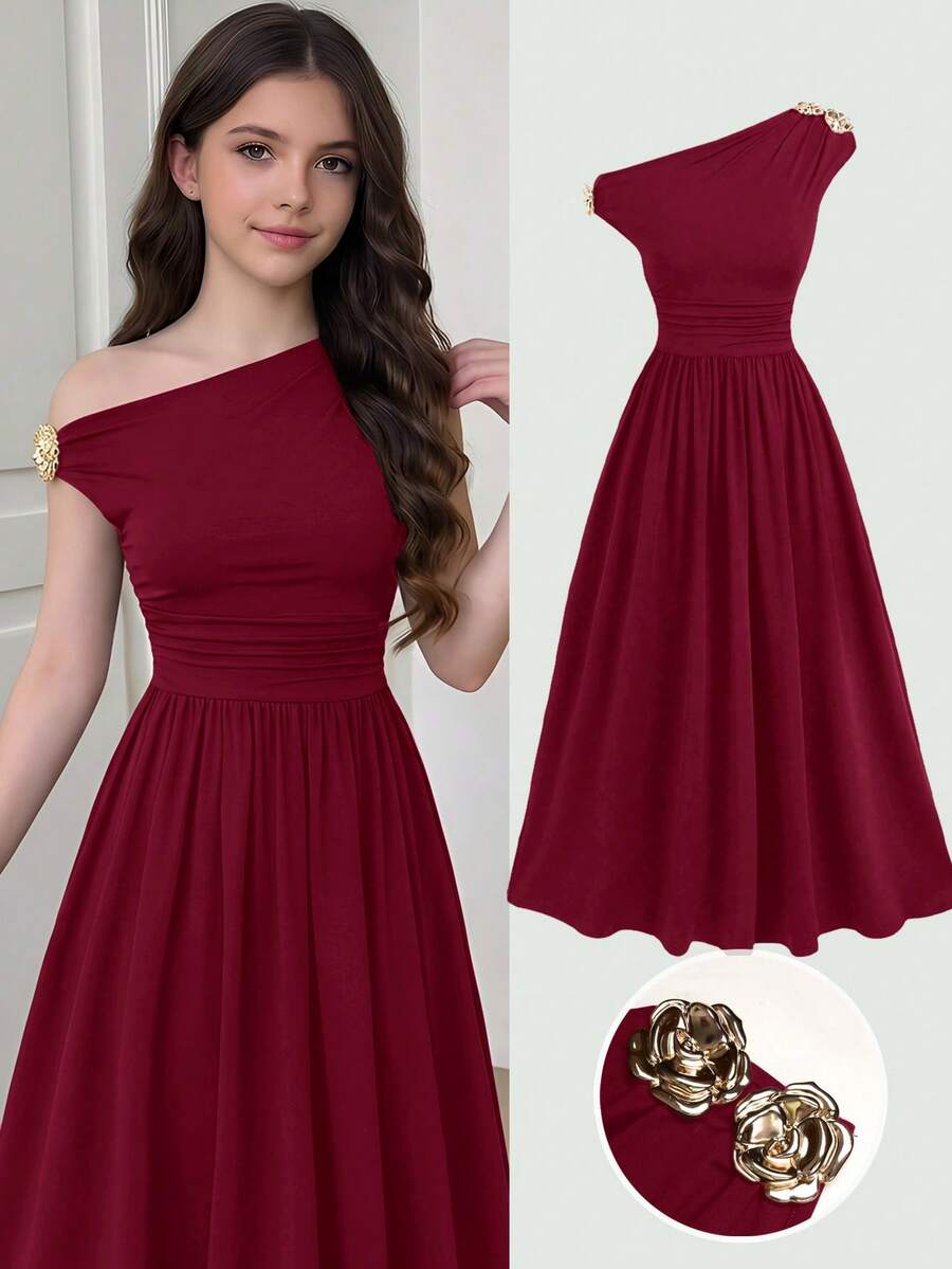 SHEIN Đầm midi xếp ly thanh lịch dành cho bé gái và thiếu niên, kiểu dáng ôm sát, cổ lệch vai, khóa kim loại trang trí, màu đỏ tía. - Màu Đỏ Sâu - Xem 1
