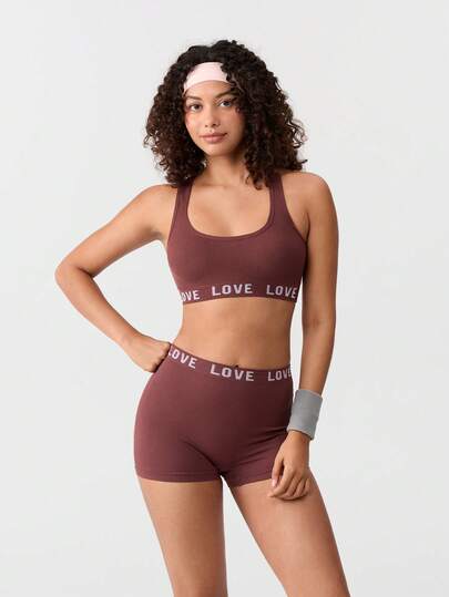 Loungeista Conjunto deportivo sin costuras de sujetador y pantalones cortos color marrón para mujer, conjunto de lencería de 2 piezas sin aros