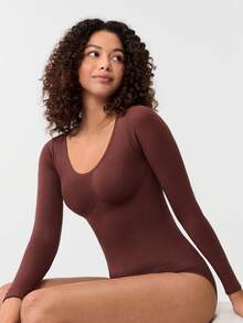 Loungeista 1pc Women's Seamless Crew Neck Long Sleeve Shapewear, Full Coverage Comfortable Bodysuitfor Summer - Brown - View 10