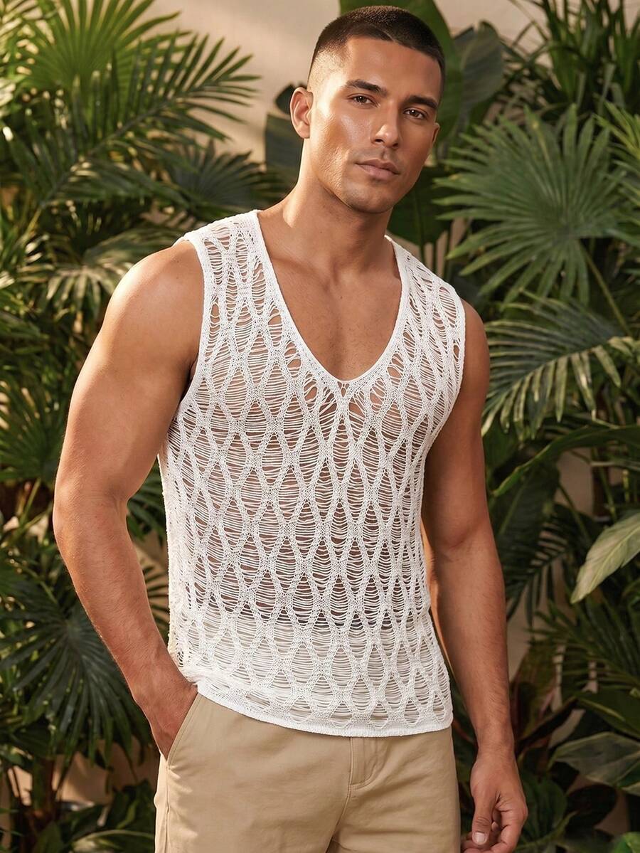 Manfinity Hypemode Áo vest dệt kim nam kiểu dáng casual, thoải mái, khoét lỗ, màu trắng, thích hợp cho kỳ nghỉ hè và đi biển. - trắng - Xem 1