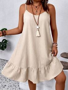 SHEIN LUNE CURVE Plus Size Summer Casual Solid Color Ruffle Hem Camisole Dress - Khaki - View 5