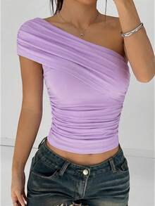 SHEIN EZwear 女士紫色休闲不对称领衬衫上衣，夏季 - 紫色 - 查看 3