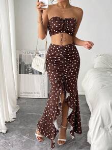 Pariaura Setelan 2 Potong Atasan Tube dengan Tali Serut di Depan dan Rok Belahan di Bagian Bawah Motif Polkadot Prancis, Musim Panas - Coffee Brown - View 6
