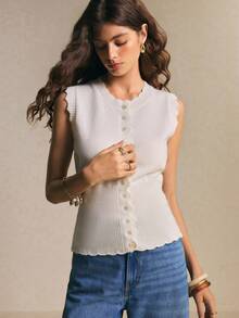 Poéselle Áo cardigan dệt kim không tay cổ tròn cài cúc phía trước màu trơn dành cho nữ, kiểu dáng thường ngày. - Màu be - Xem 10
