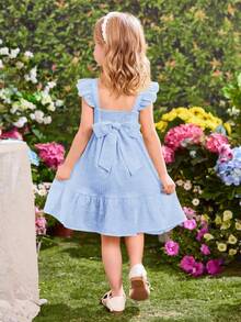 SHEIN Young Girl Ruffled Cap Sleeve Summer Vacation Dress - Baby Blue - View 3