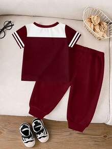 2pcs/Set Baby Boy Casual Sports Style Brooklyn 23 Colorblock Round Neck Short Sleeve T-Shirt And Pants Set, Spring To Summer - Multicolor - View 2