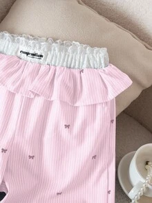 Genkimix Kids Quần ống rộng dáng casual cho bé gái (cỡ nhỏ): Quần in họa tiết nơ kẻ sọc, cạp chun phối bèo nhún, màu trắng. - Hồng - Xem 5