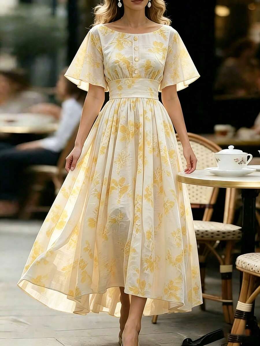Balvessa Vestido de Manga Curta com Cintura Marcada e Estampa Floral Amarela, Novidade de Verão para Mulheres - Ganso amarelo - Visão 1