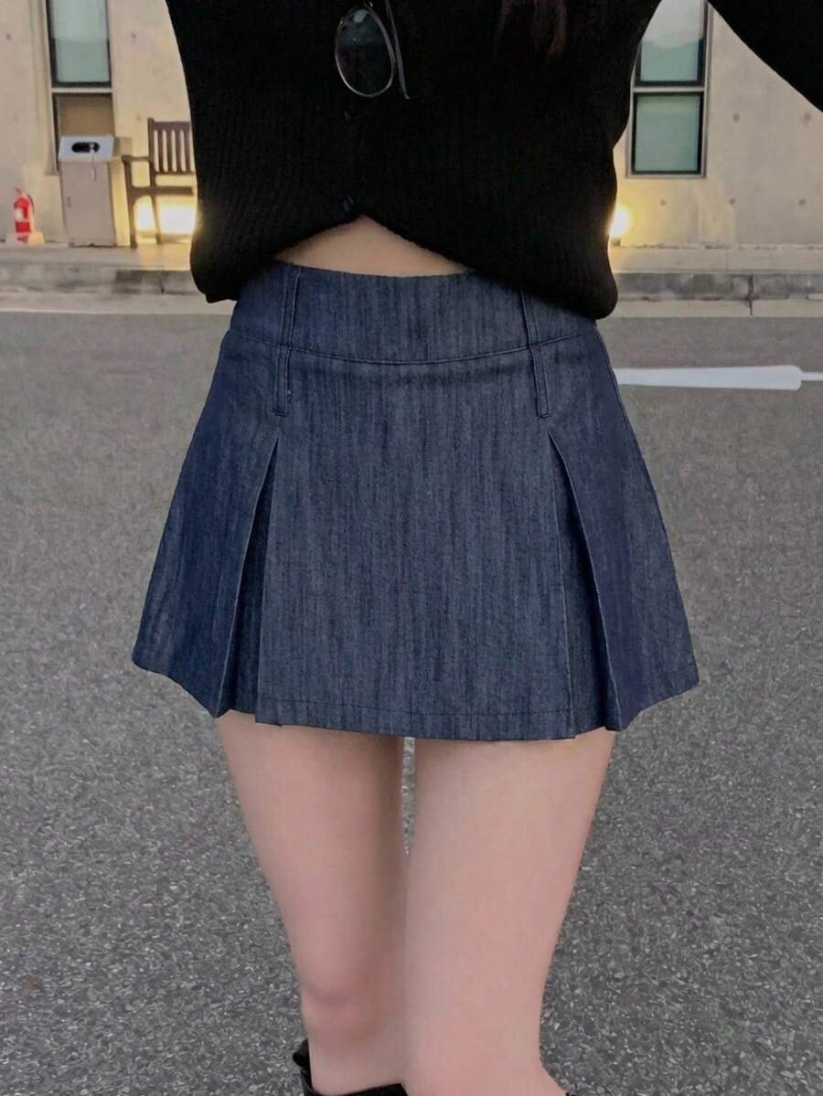 DAZY Women's Casual Pleated A-Line Skirt, Suitable For Daily Commute In Autumn Back-To-School Senior Picture Dark Wash - Blue - View 1