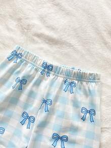 2件套女婴可爱格子蝴蝶结印花短袖开衫上衣和短裤舒适家居服套装，夏季 - 淺藍色 - 查看 4