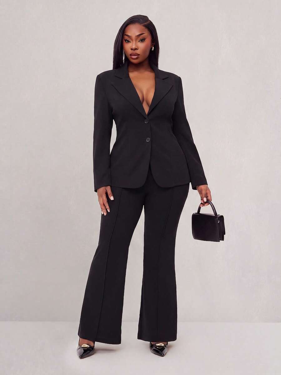 Radiana Plus Size Women's Commuter Style Suit And Flared Pants Set In Fall/Winter Black - Black - View 1