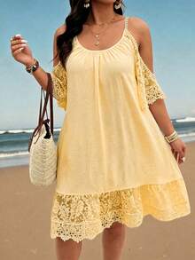 EMERY ROSE Plus Size Contrast Lace Crinkle Fabric Open Shoulder Short Sleeve Lace Strap Scoop Neck Hem Lace Casual Vacation Midi Dress - Pale Yellow - View 5