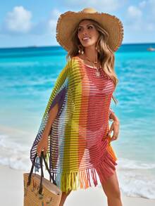 Sylviya Women's Blue And Yellow Striped Knit Beach Cover-Up Top,Summer Boho Vacation Holiday Outfits,Casual Bright Color Blouses For Country Concert Outfit - Multicolor - View 1