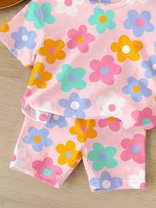 SHEIN Happikins 2pcs/Set Young Girl Casual Floral Print Short Sleeve Round Neck T-Shirt And Shorts Set, Suitable For Summer Summer Outfits - Multicolor - View 4