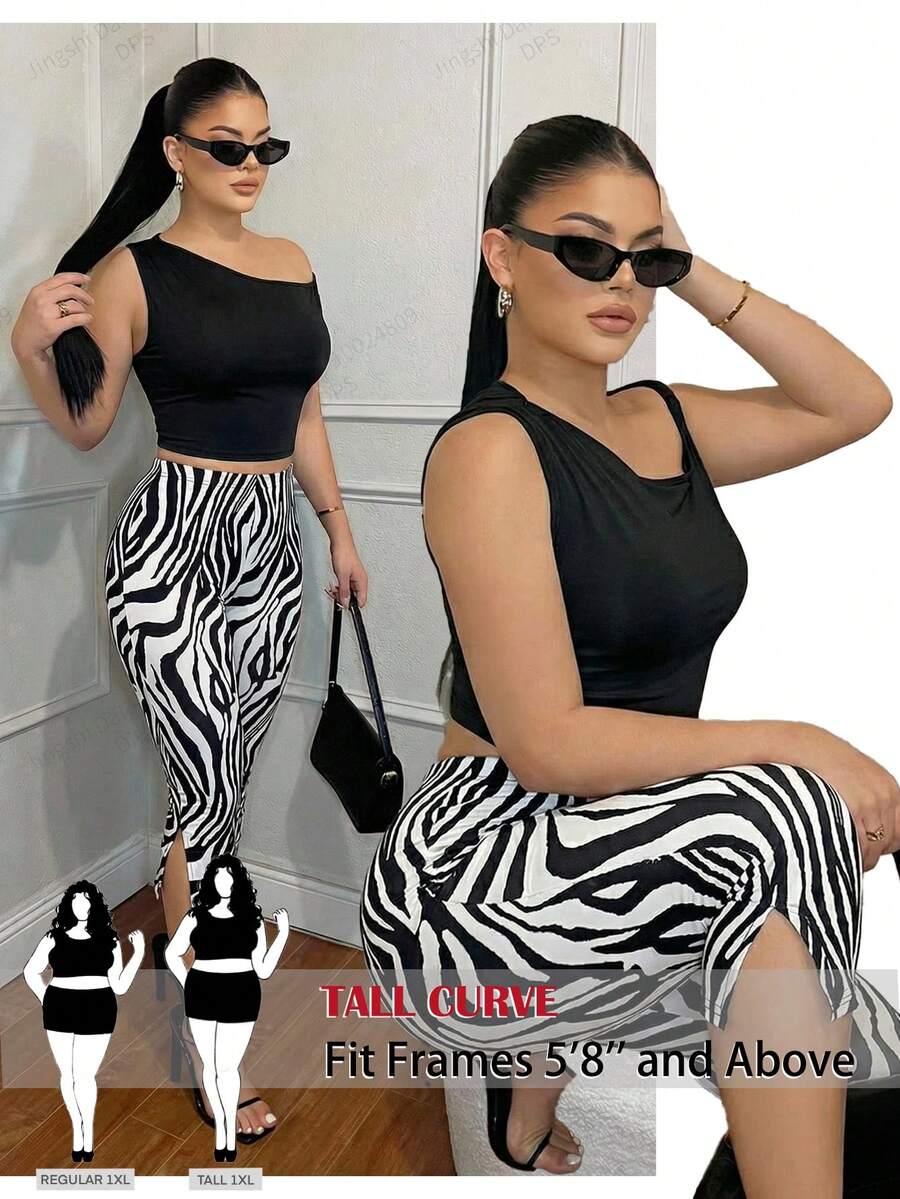 SHEIN Tall CURVE 大码女式高腰开衩七分紧身裤,伊比沙岛,动物纹,斑马纹 - 黑與白 - 查看 1