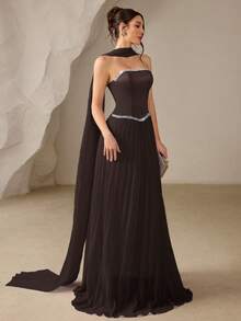 Coutiva 女士水钻装饰缎带设计褶皱下摆优雅正式连衣裙 - 咖啡棕 - 查看 5