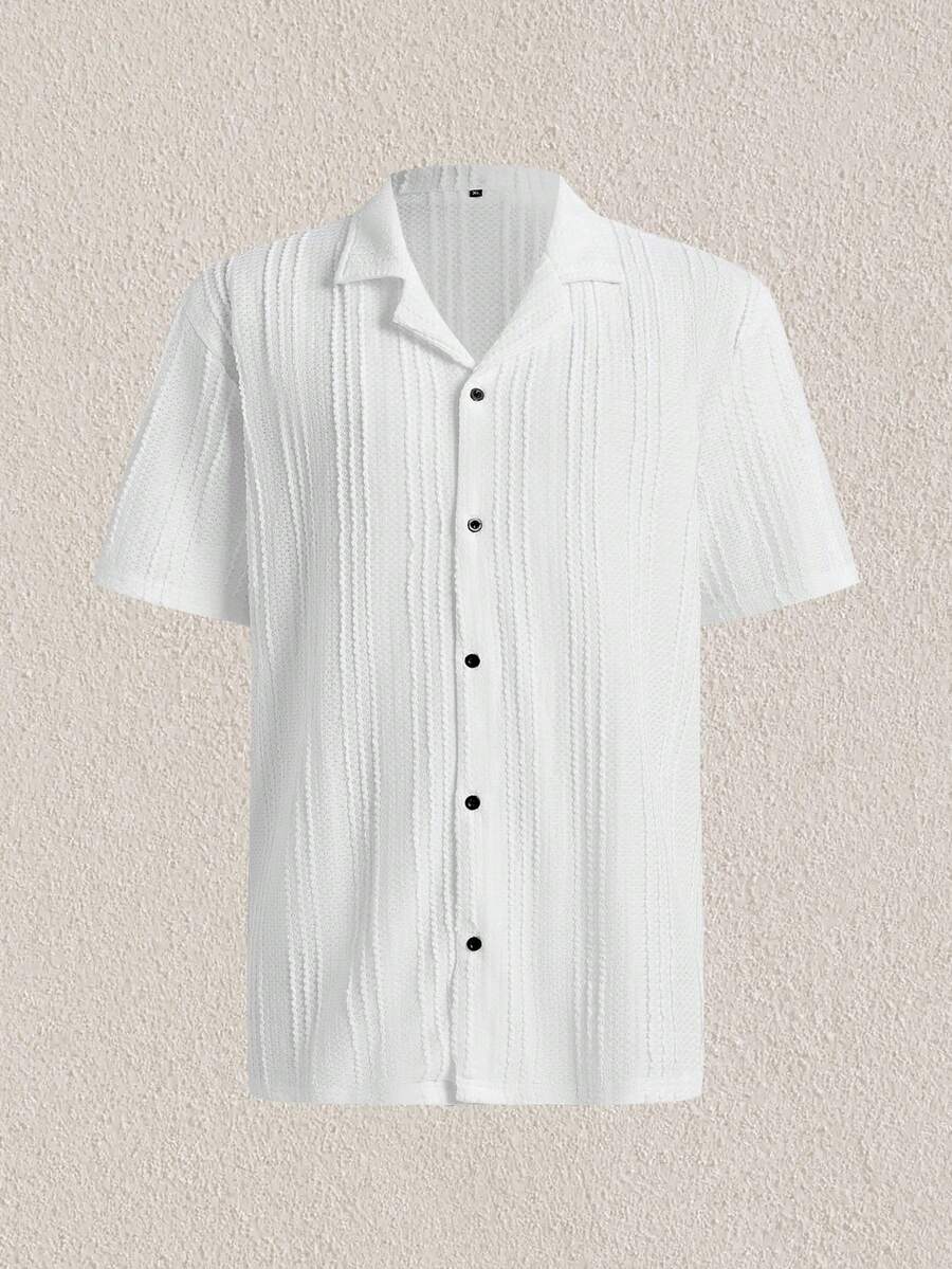Mercer Haus Camisa casual de manga corta con cuello cubano y botones, con estampado jacquard para hombres - Blanco - Ver 1