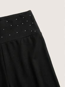 SHEIN 少女休闲街头风印花缎带饰边圆领短袖短裤套装 - 黑色 - 查看 4