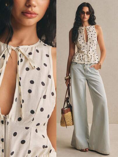 Poéselle Áo tank top nữ mùa hè đi biển, họa tiết chấm bi, cổ xoắn khoét eo, khóa kéo phía trước, kiểu peplum.