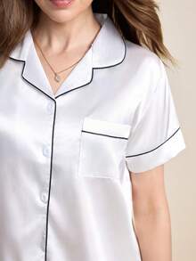 Hourtrue Contrast Piping Satin PJ Set / Pajama Set White Set - White - View 7