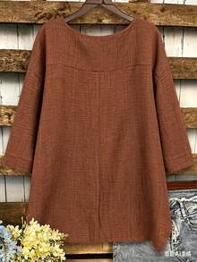 EMERY ROSE Plus Size Women's Solid Color Round Neck Casual Versatile Daily Wear Shirt - Brown - View 2