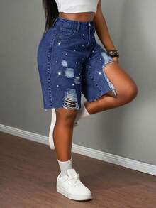Slaydiva Plus Size Women Casual Everyday Wear Distressed Pocket Button Denim Shorts - Dark Wash - View 5