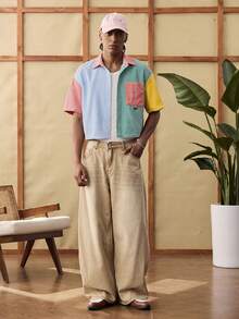 SWAVVY Camisa de manga corta de pana con parches para hombre, primavera/verano - Azul - Ver 4