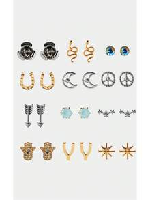 Noxbound Cross-Border New Retro Feeling Diamond-Encrusted Palm, Rose, Crescent Moon, Horseshoe And Other Stud Earrings Combination, Simple, Small And Exquisite, Suitable For All Kinds Of Parties, Concerts, Festivals,BOHEMIAN/Modern/Chic,Layered/Gemstone/Beaded/Crystals,Summer/Beach/Prom/Part/Vacation/Travel,For Mom/Women/Girl/Mother,Daily Wear/Work Day,Gold - Multicolor - View 2