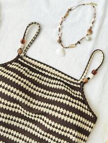 SHEIN Đầm kẻ sọc cho bé gái tuổi teen thích hợp cho kỳ nghỉ biển - Cà phê - Xem 4