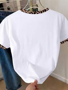 Resyla Leopard Print Patchwork Letter Slogan Round Neck Short Sleeve T-Shirt For Women - White - View 2