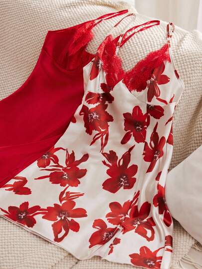 2pcs/Set Mature French Elegant Lace Patchwork Satin Camisole Short Nightgown For Women